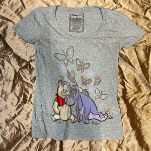 Disney Store Women size XS t-shirt blouse Winnie Pooh & Eeyore butterfly grey gr